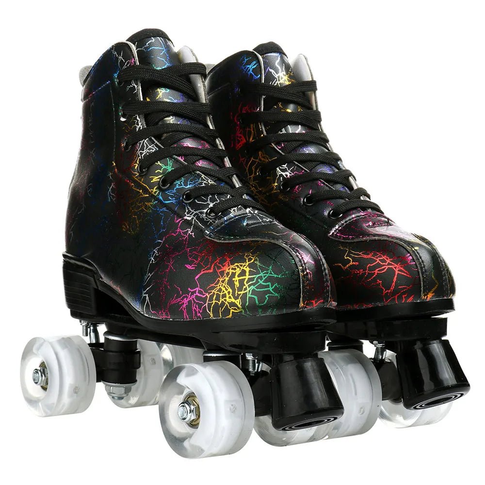 Unisex PU leather zebra print roller skates with flash quad wheels